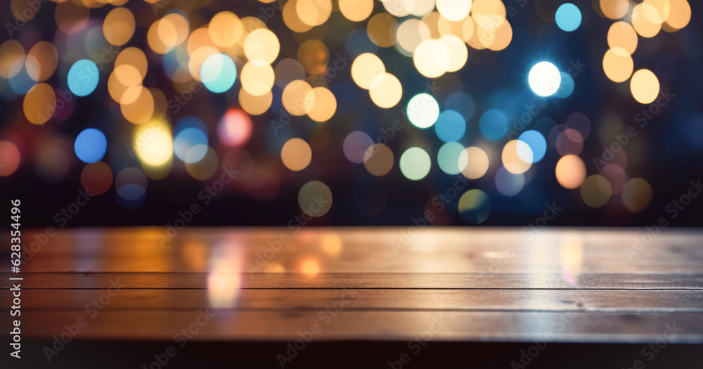 Empty wooden table top in front of abstract blurred background with garlands of lights, for product display in cafe Empty wooden table top in front of abstract blurred background with garlands of lights, for product display in cafe