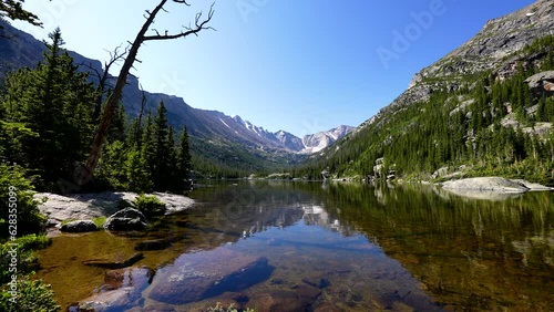 beautiful rocky mountain lake in the colorado rockies with reflection on clear glacial water and cloudless blue sky