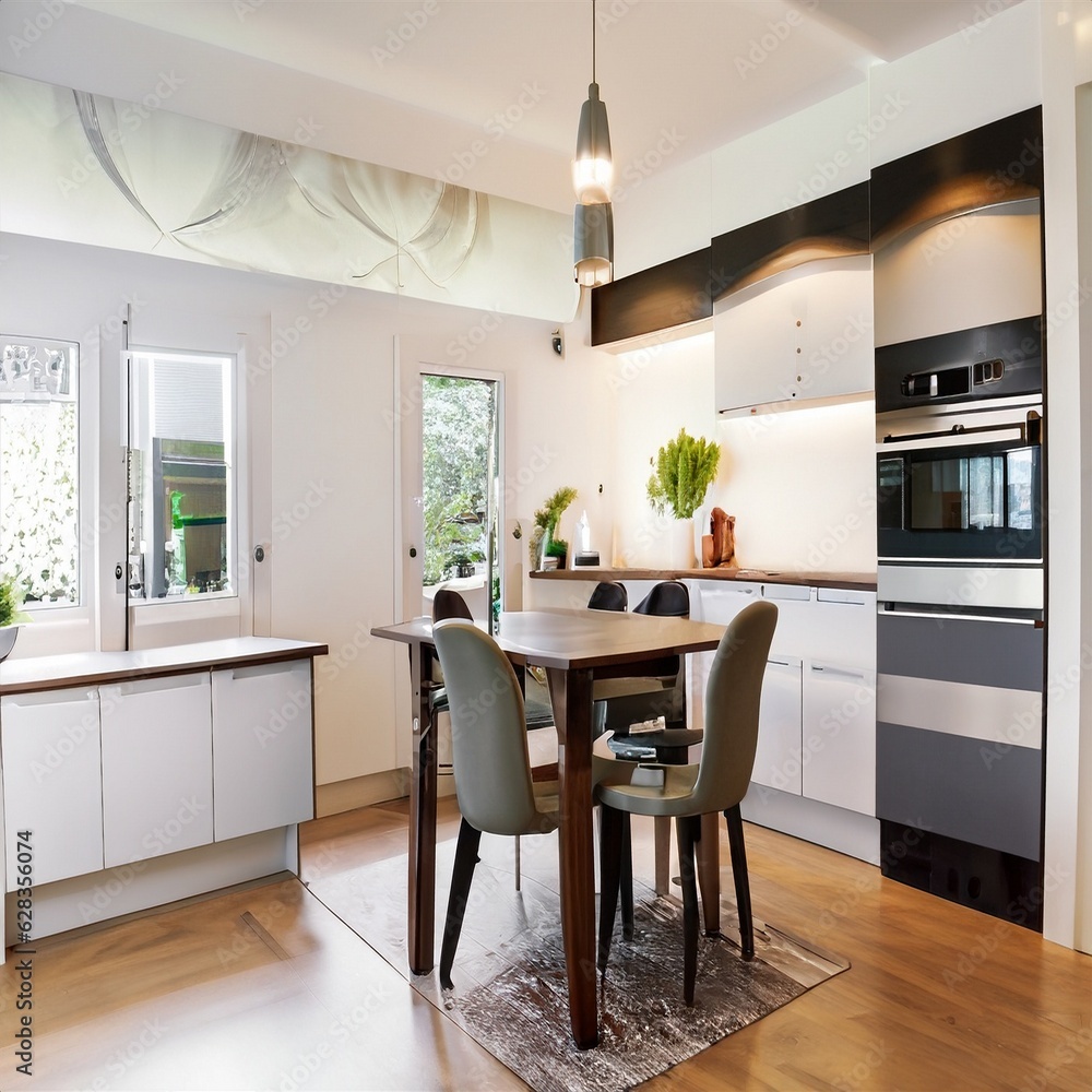 Modern new light interior of kitchen with white furniture and dining table Modern new light interior of kitchen with white furniture and dining table