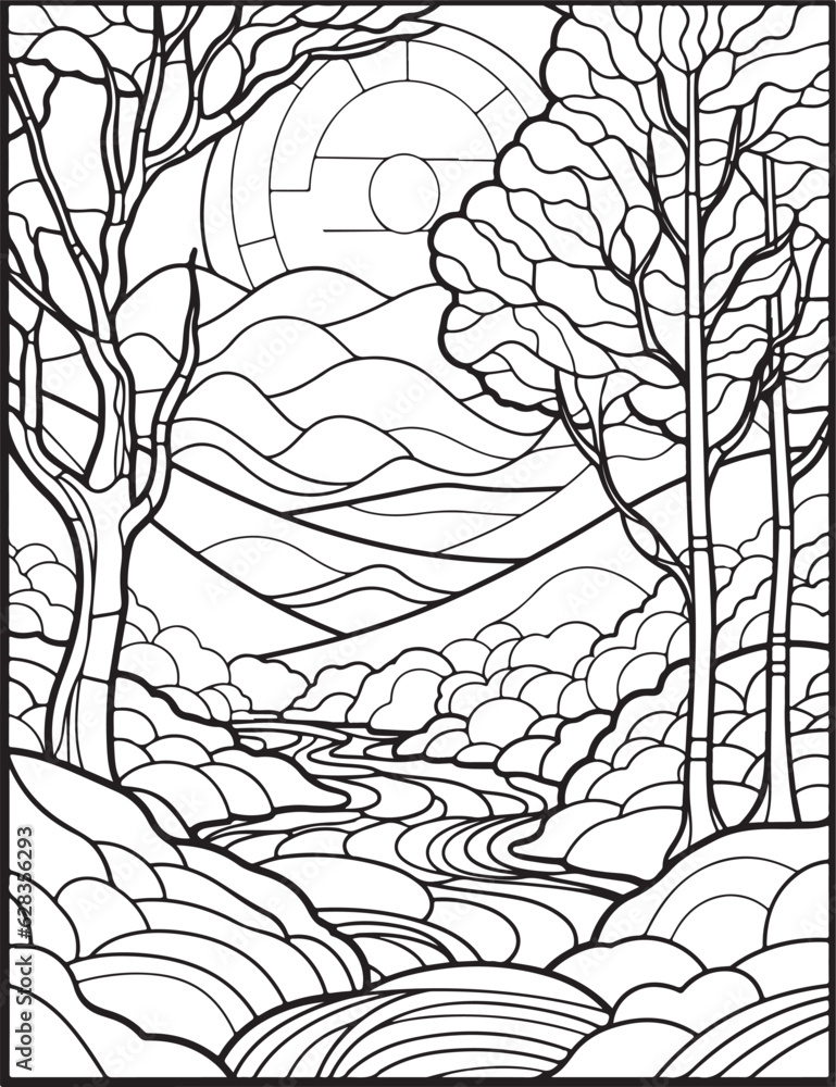 Forest landscape coloring page. Forest coloring book pages. Landscape ...