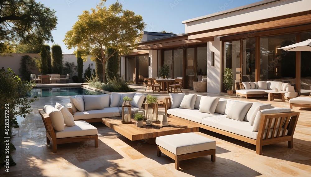 outdoor furniture overlooking a pool