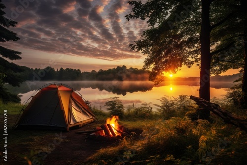 Camping tent in the forest, nature sunset, Generative AI