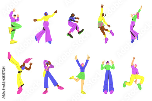 Vector set of ten young people. Trendy colorful flat style. Vector illustration. Funny character. Dynamic pose. Student in school or university. International day of young people