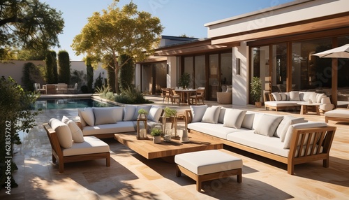 outdoor furniture overlooking a pool © Nova