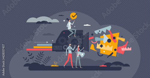 Process improvement and effective work flow strategy model tiny person concept. Performance growth with easy and well managed system vector illustration. Procedure management for simple efficiency.