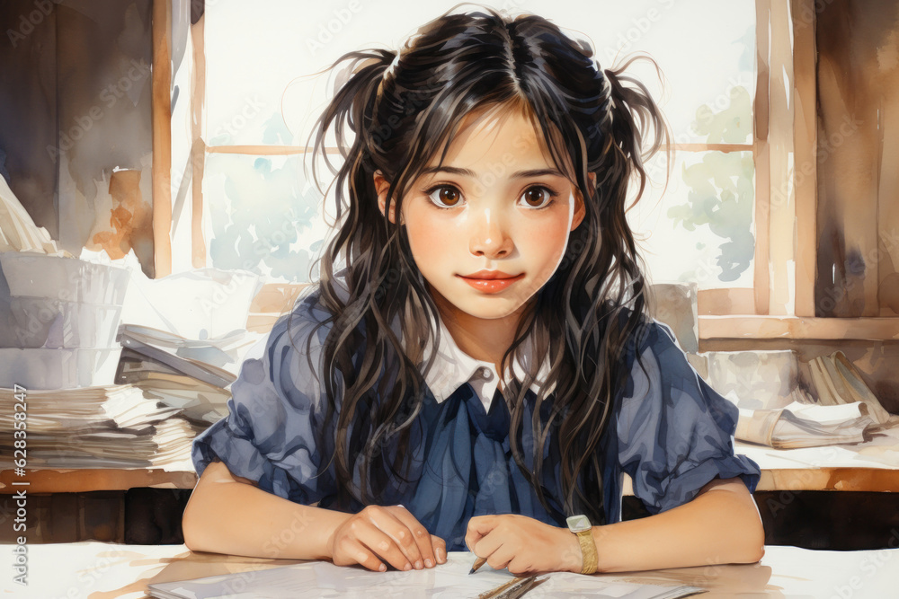 Watercolor illustration of a cute black-haired girl in a school uniform sitting in a classroom Watercolor illustration of a cute black-haired girl in a school uniform sitting in a classroom