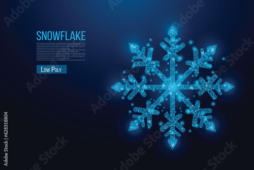 Snowflake, wireframe low poly style design. Merry Christmas and New Year concept. Wireframe glowing low poly design on a blue background. Abstract futuristic vector illustration