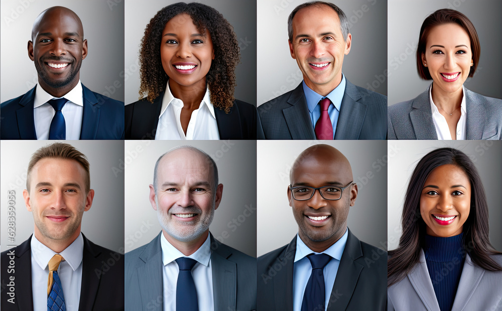 Collage of portraits of an ethnically diverse and mixed age group of focused business professionals Collage of portraits of an ethnically diverse and mixed age group of focused business professionals