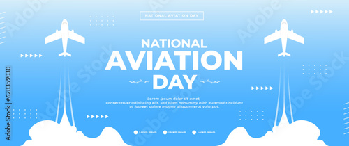 blue national aviation day banner with airplane,cloud and world map elements