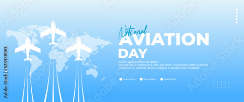 blue national aviation day banner with airplane,cloud and world map elements