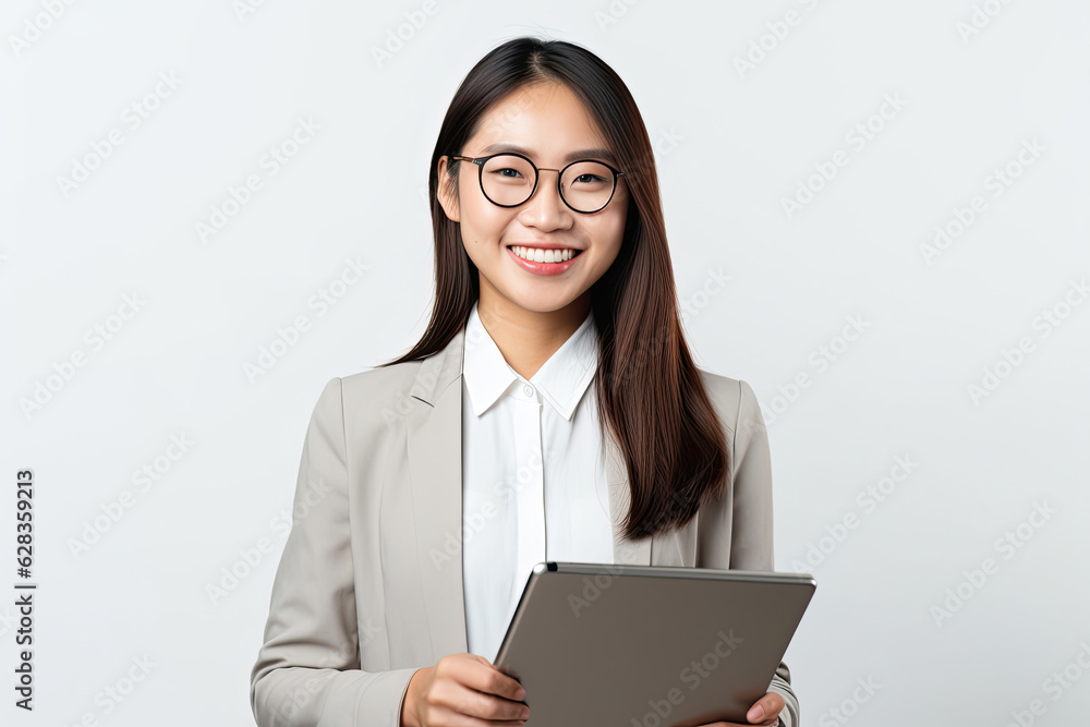 Young Asian woman, company worker in glasses, smiling and holding digital tablet, standing over white background Young Asian woman, company worker in glasses, smiling and holding digital tablet, standing over white background
