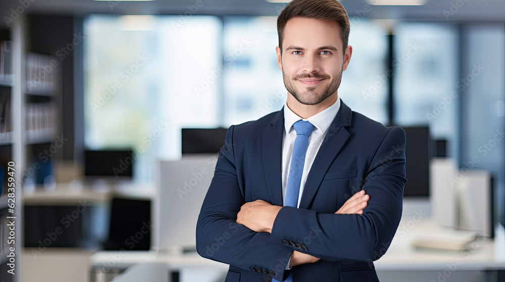 Obraz premium Portrait of happy businessman with arms crossed standing in office. Portrait of young happy businessman wearing grey suit and blue shirt standing in his office and smiling with arms crossed
