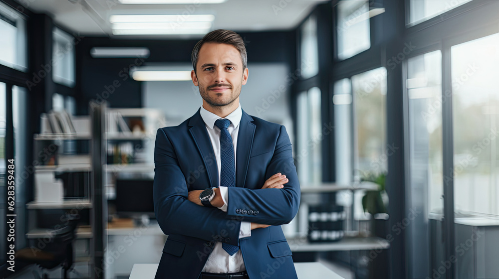 Fototapeta premium Portrait of happy businessman with arms crossed standing in office. Portrait of young happy businessman wearing grey suit and blue shirt standing in his office and smiling with arms crossed