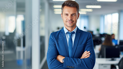 Portrait of happy businessman with arms crossed standing in office. Portrait of young happy businessman wearing grey suit and blue shirt standing in his office and smiling with arms crossed