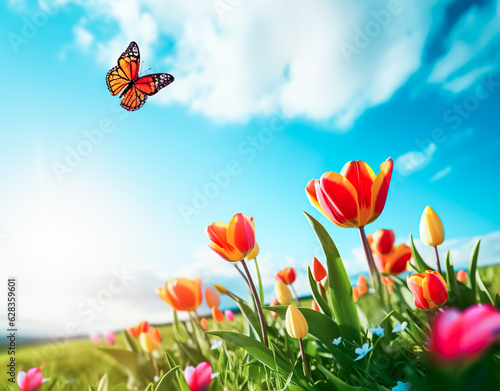 Selective focus.fantasy multicolor tulip flower blooming and butterfly flying in garden with landscape meadow mountain view.nature spring background.generative ai art © Limitless Visions