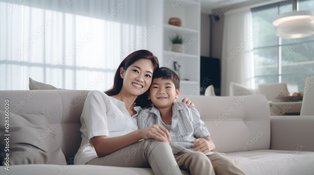 Asian people Mother and son hugging on the sofa in white living room