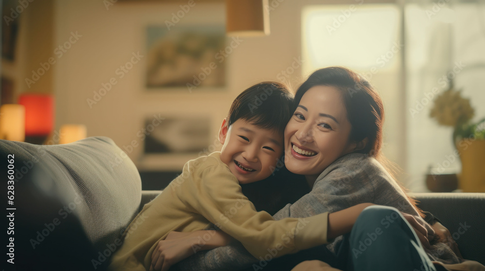 Asian people Mother and son hugging on the sofa in white living room