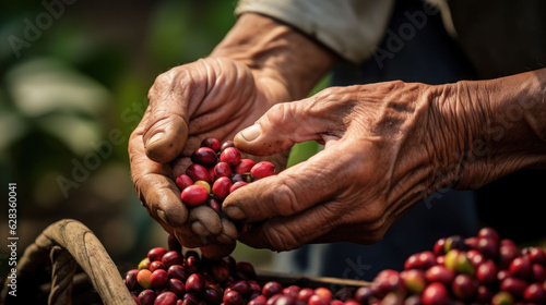 close up hands farmer harvesting arabica coffee bean red cherry