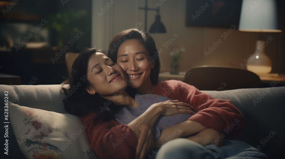 Mother and daughters hugging on the sofa Mother and daughters hugging on the sofa