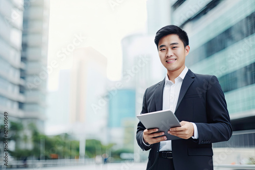 Smiling young Asian business man leader entrepreneur, professional manager holding digital tablet computer using software applications standing on the street in big city on sky background.