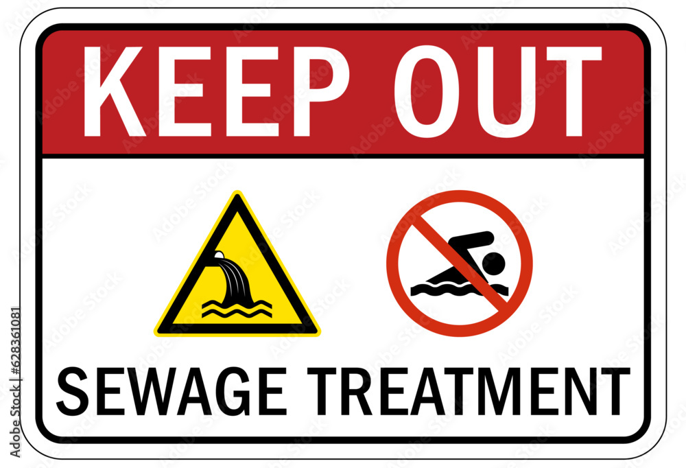 Fototapeta premium Sewage water warning sign and labels sewage treatment
