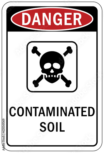 Sewage water warning sign and labels contaminated soil