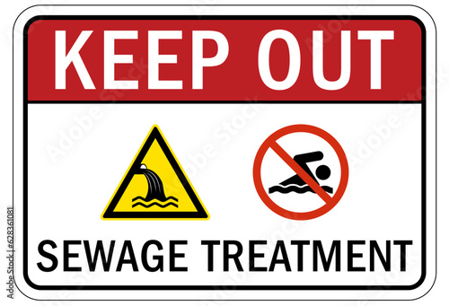 Sewage water warning sign and labels sewage treatment