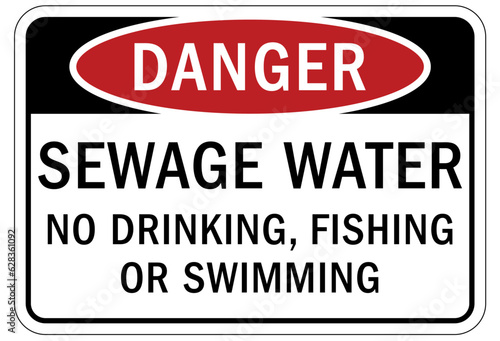 Sewage water warning sign and labels no drinking, fishing, swimming