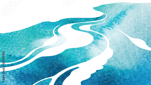 Blue watercolor painting texture with Japanese ocean wave pattern in vintage style. Abstract art landscape banner design vector