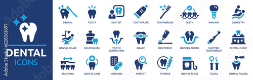 Dental icon set. Containing tooth  dentist  toothpaste  toothbrush  teeth  implant and dentistry icons. Solid icon collection. Vector illustration.