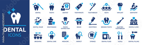 Dental icon set. Containing tooth, dentist, toothpaste, toothbrush, teeth, implant and dentistry icons. Solid icon collection. Vector illustration.