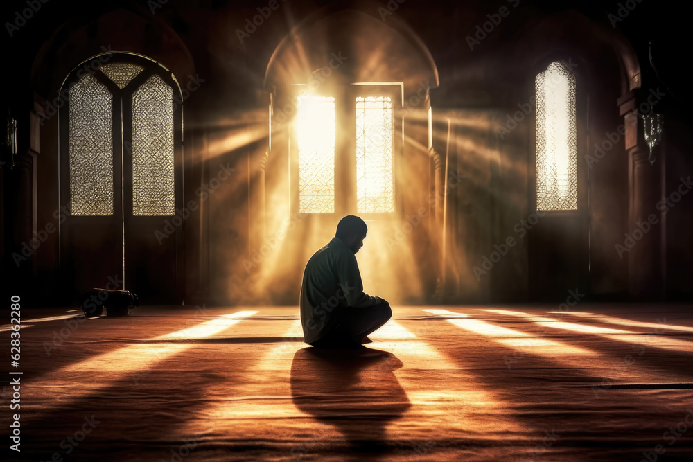 photograph of A religious muslim man praying inside the mosque telephoto lens realistic natural lighting .generative ai photograph of A religious muslim man praying inside the mosque telephoto lens realistic natural lighting .generative ai
