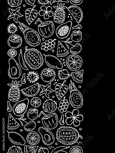 Tropical fruits collection. White on black color. Seamless pattern vertical background for your design.