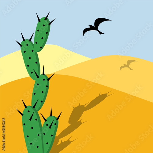 Colorful landscape with cactus  dunes and bird. Mysterious hot desert. Vector.