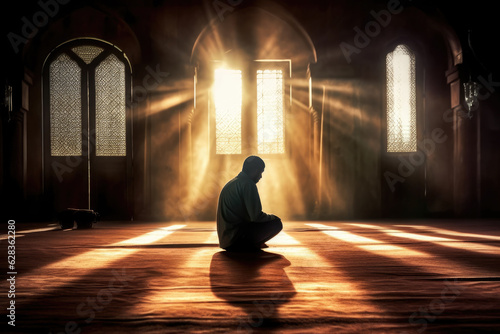 photograph of A religious muslim man praying inside the mosque telephoto lens realistic natural lighting .generative ai