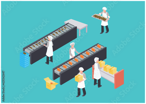 logistic worker working in time, 3d isometric vector concept, food factory.