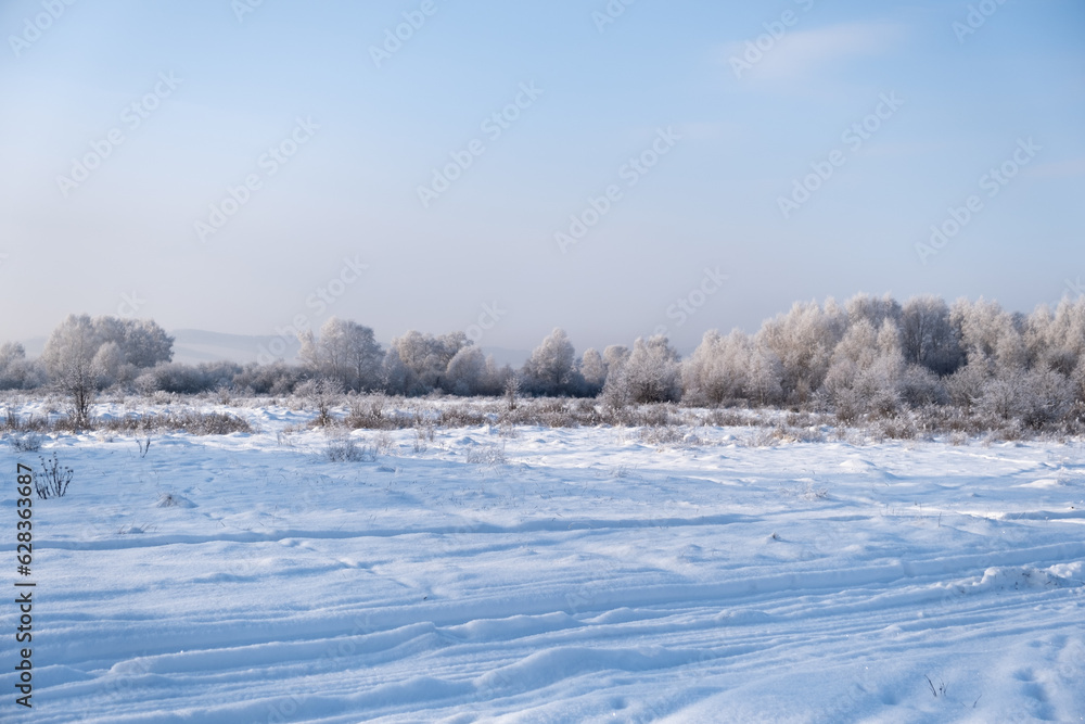 winter expanses of Siberia, white snow and road