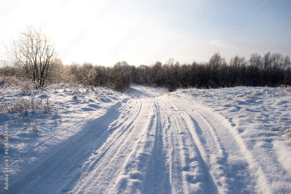 winter expanses of Siberia, white snow and road winter expanses of Siberia, white snow and road