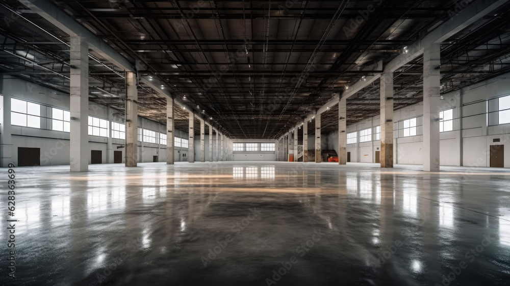 empty of modern factory for manufacturing production plant or large warehouse. Polished concrete floor clean condition and space for industry product