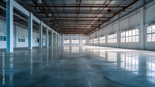 empty of modern factory for manufacturing production plant or large warehouse. Polished concrete floor clean condition and space for industry product