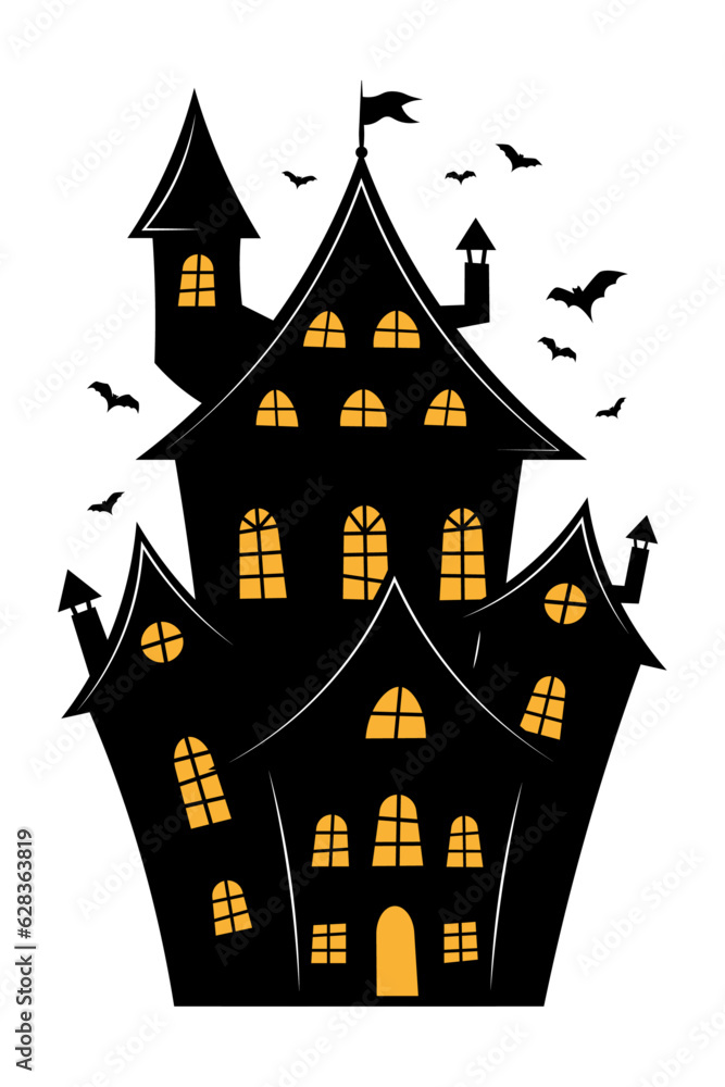 Black haunted house and bats for Halloween. Vector. Transparent background