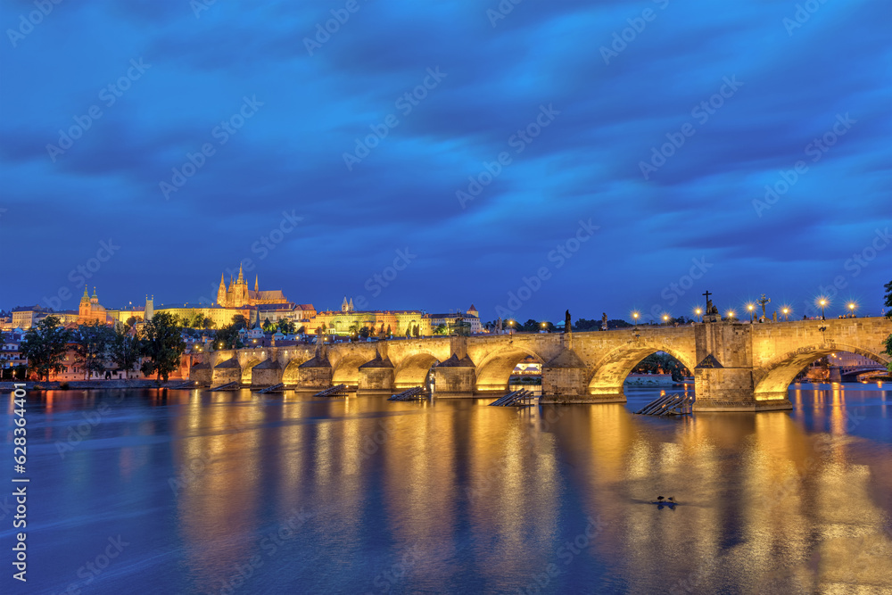 The castle and the famous Charles Bridge in Prague at night