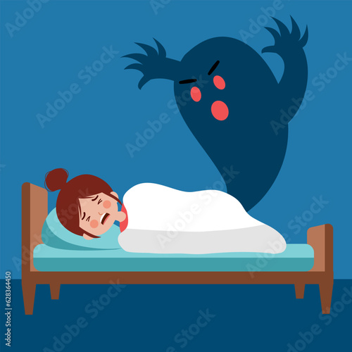 Little girl kid nightmare bad dream in flat design.