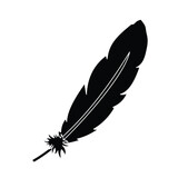 One single black colored feather vector illustration silhouette icon isolated on square white background. Simple flat light object with cartoon art style drawing.