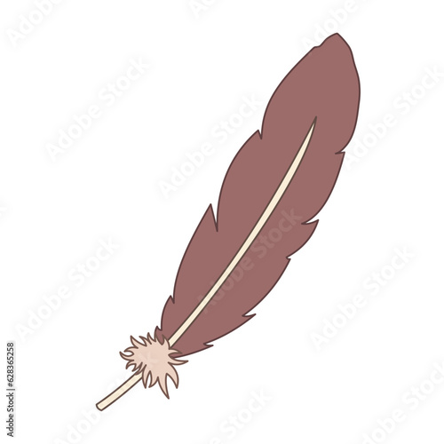 One single brown colored feather vector illustration isolated on square white background. Simple flat light object with cartoon art style drawing.