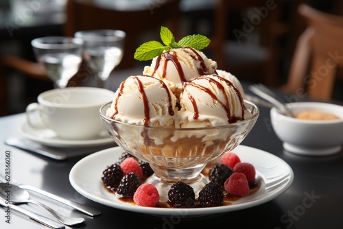 Delicious ice cream with berries and chockolate. Closeup. Selective focus.