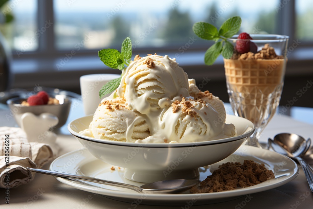 Delicious ice cream with berries and chockolate. Closeup. Selective focus.