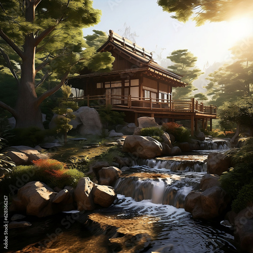 japanese garden with waterfall, A two-storey Japanese house built of wood. with a unique shape.