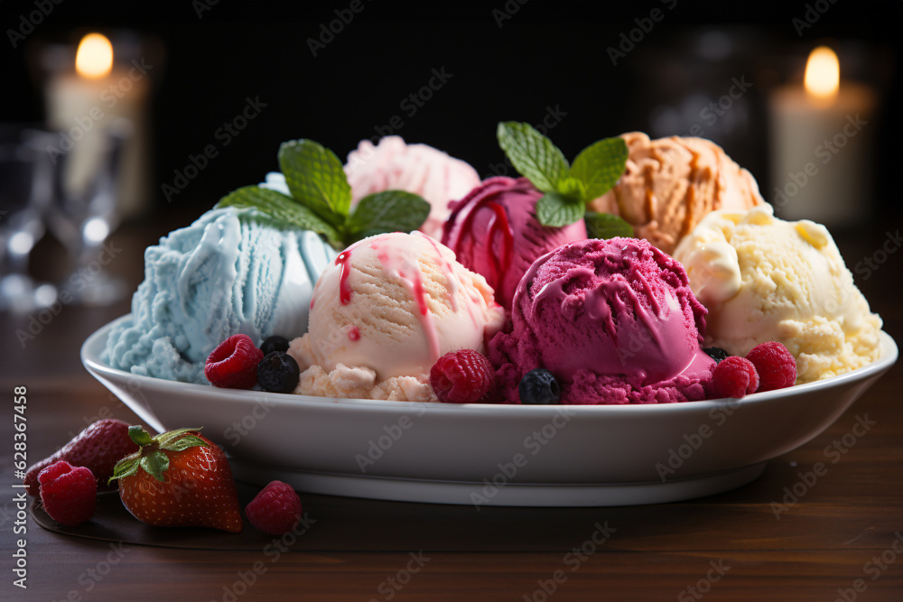 Delicious ice cream with berries. Colorful ice cream, Closeup. Selective focus. Delicious ice cream with berries. Colorful ice cream, Closeup. Selective focus.