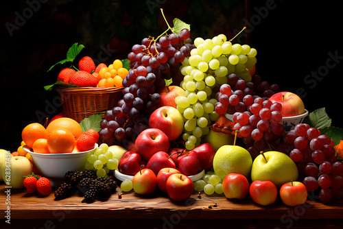 A basket of fresh fruit. Grapes and bananas. AI Generated